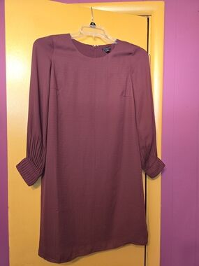 Ann Taylor Wine Long Sleeve Shift Dress with Pleated Cuffs